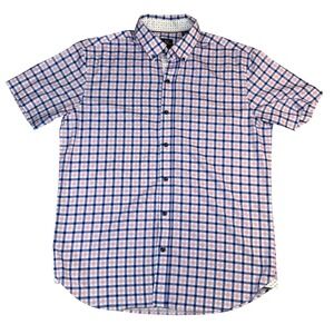 Michael Strahan Mens Slim Fit Plaid Short Sleeve Button Down Shirt Blue Pink M